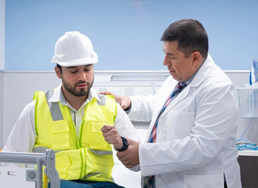 Persona accidentada, conversando con un doctor, haciendo valer su seguro Vida Ley